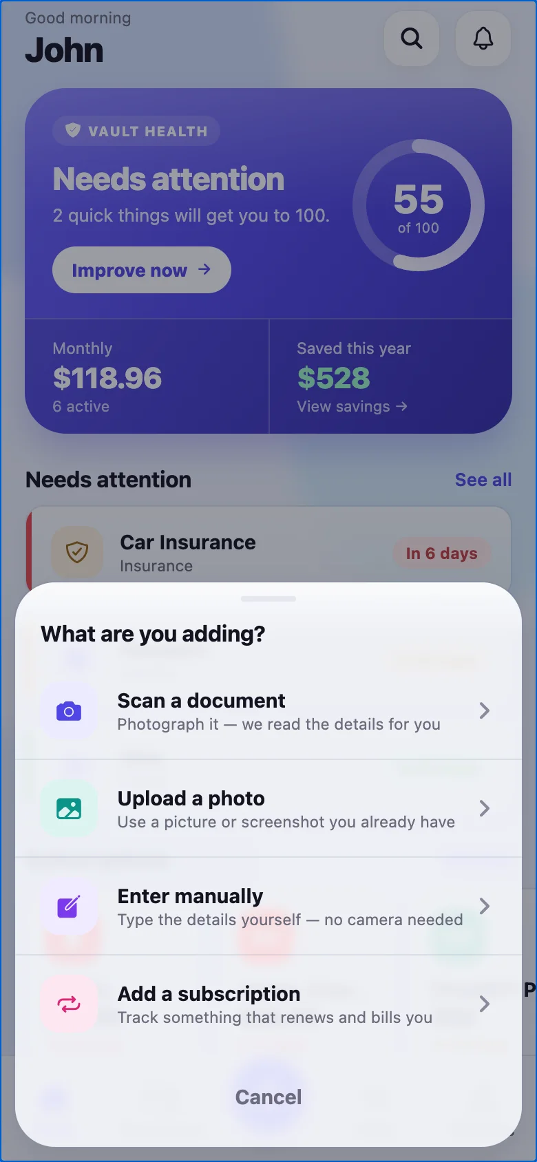 Add sheet offering scan a document, upload a photo, enter manually, or add a subscription