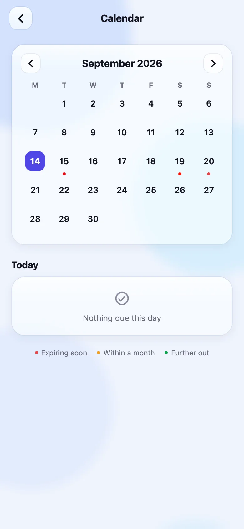 Month calendar with dots on the days something expires or renews