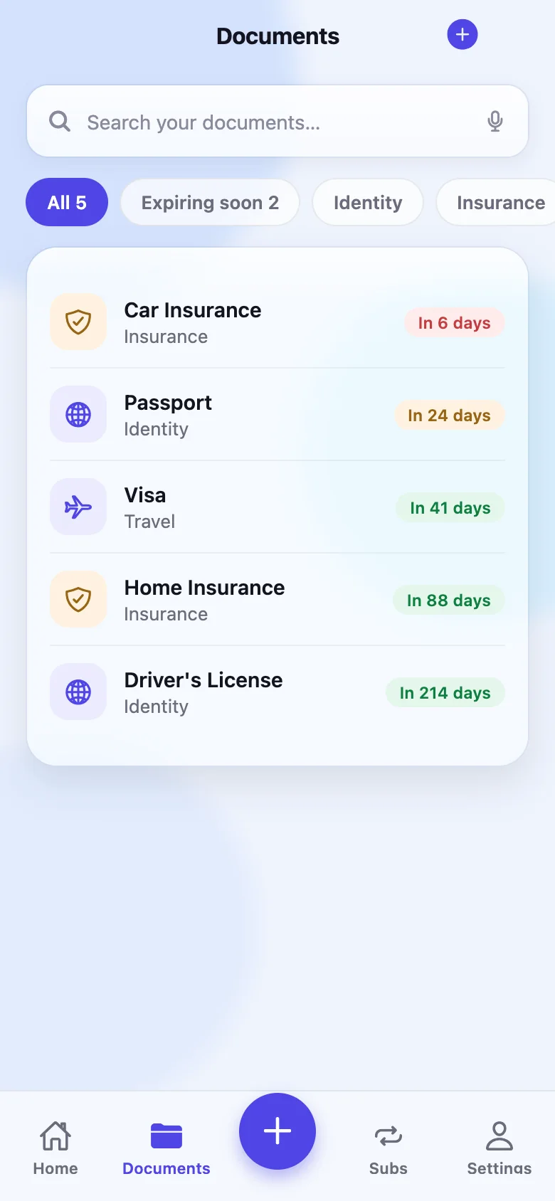 Documents list filtered by expiring soon, each with days remaining