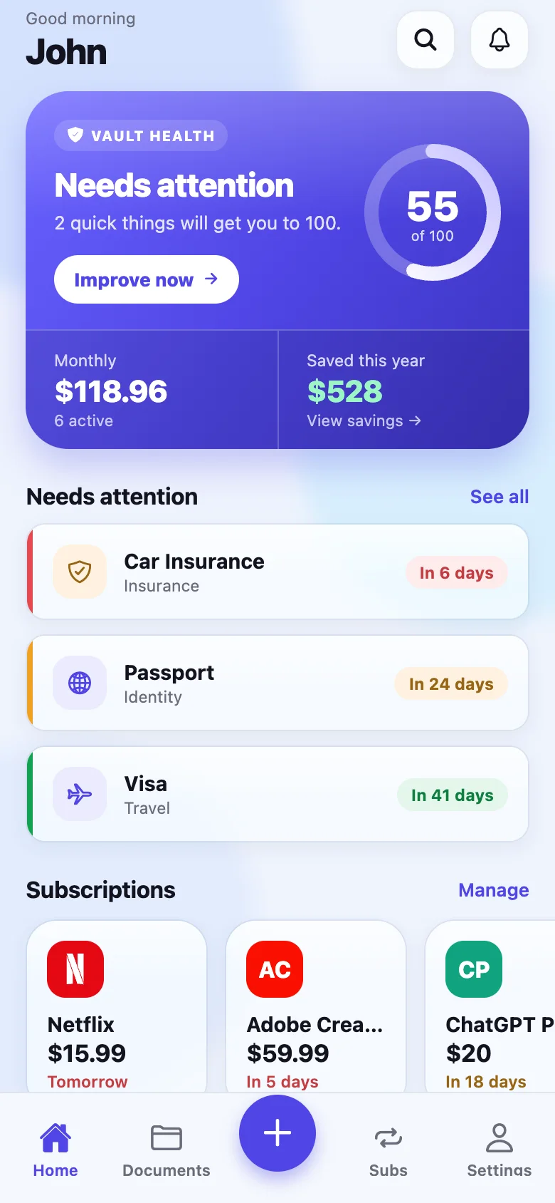 RenewKeep home screen showing a vault health score, three documents expiring soon, and subscription tiles