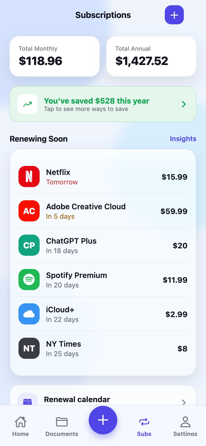 Subscriptions screen with monthly and annual totals and services renewing soon